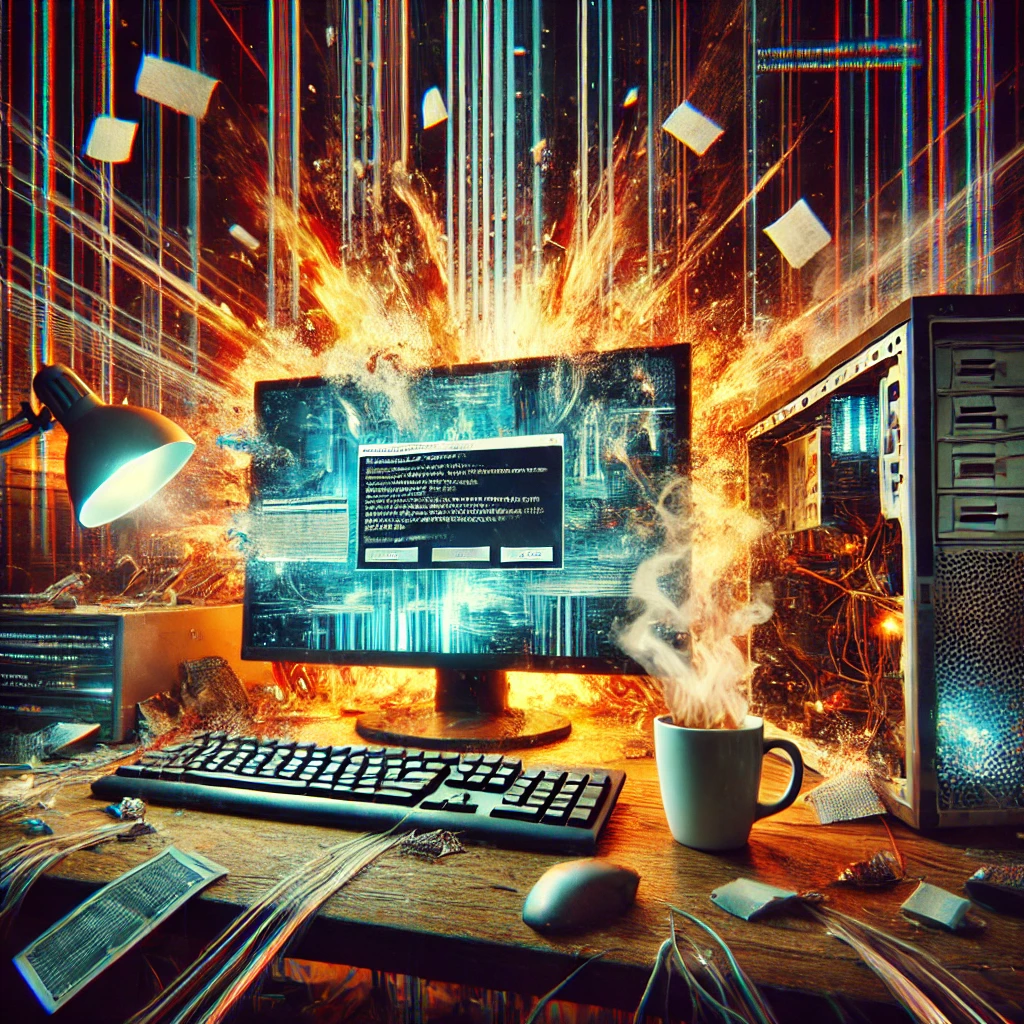 DALL·E 2025-01-13 12.48.14 - A chaotic depiction of an IT problem_ a computer screen with glitching, distorted, and overlapping windows, sparks flying out of the CPU, and smoke ri